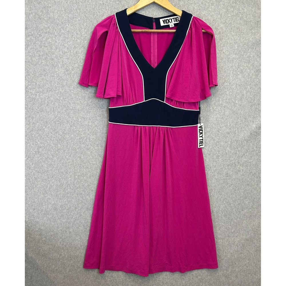 Vicky Tiel Size Small Dress‎ Pink Navy Bold Colorblock Flutter Sleeve V-Neck NWT